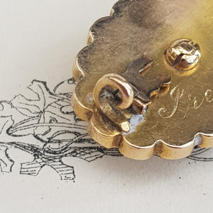 9k Gold Pearl Old Cut Diamond Lace Pin Brooch Engraved Irene Antique Circa 1840