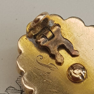 9k Gold Pearl Old Cut Diamond Lace Pin Brooch Engraved Irene Antique Circa 1840