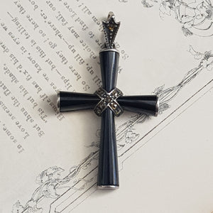 Sterling Silver Marcasite Carved Whitby Jet Cross Pendant Antique circa 1910
