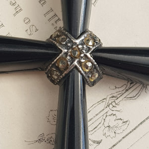 Sterling Silver Marcasite Carved Whitby Jet Cross Pendant Antique circa 1910