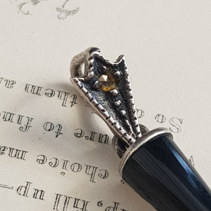 Sterling Silver Marcasite Carved Whitby Jet Cross Pendant Antique circa 1910