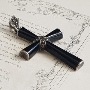 Sterling Silver Marcasite Carved Whitby Jet Cross Pendant Antique circa 1910