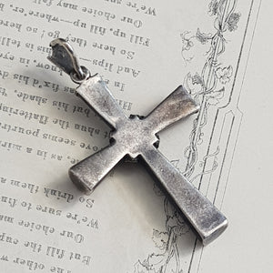 Sterling Silver Marcasite Carved Whitby Jet Cross Pendant Antique circa 1910
