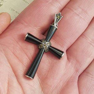 Sterling Silver Marcasite Carved Whitby Jet Cross Pendant Antique circa 1910