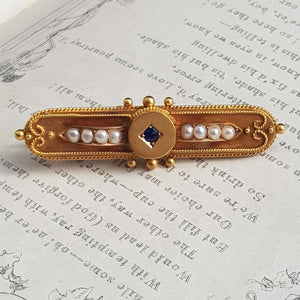 15k Gold Diamond And Sapphire Bar Brooch Antique Victorian Birmingham circa 1875