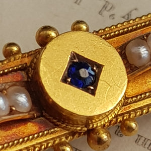 15k Gold Diamond And Sapphire Bar Brooch Antique Victorian Birmingham circa 1875