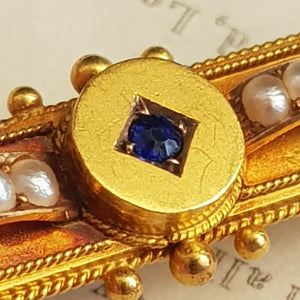 15k Gold Diamond And Sapphire Bar Brooch Antique Victorian Birmingham circa 1875