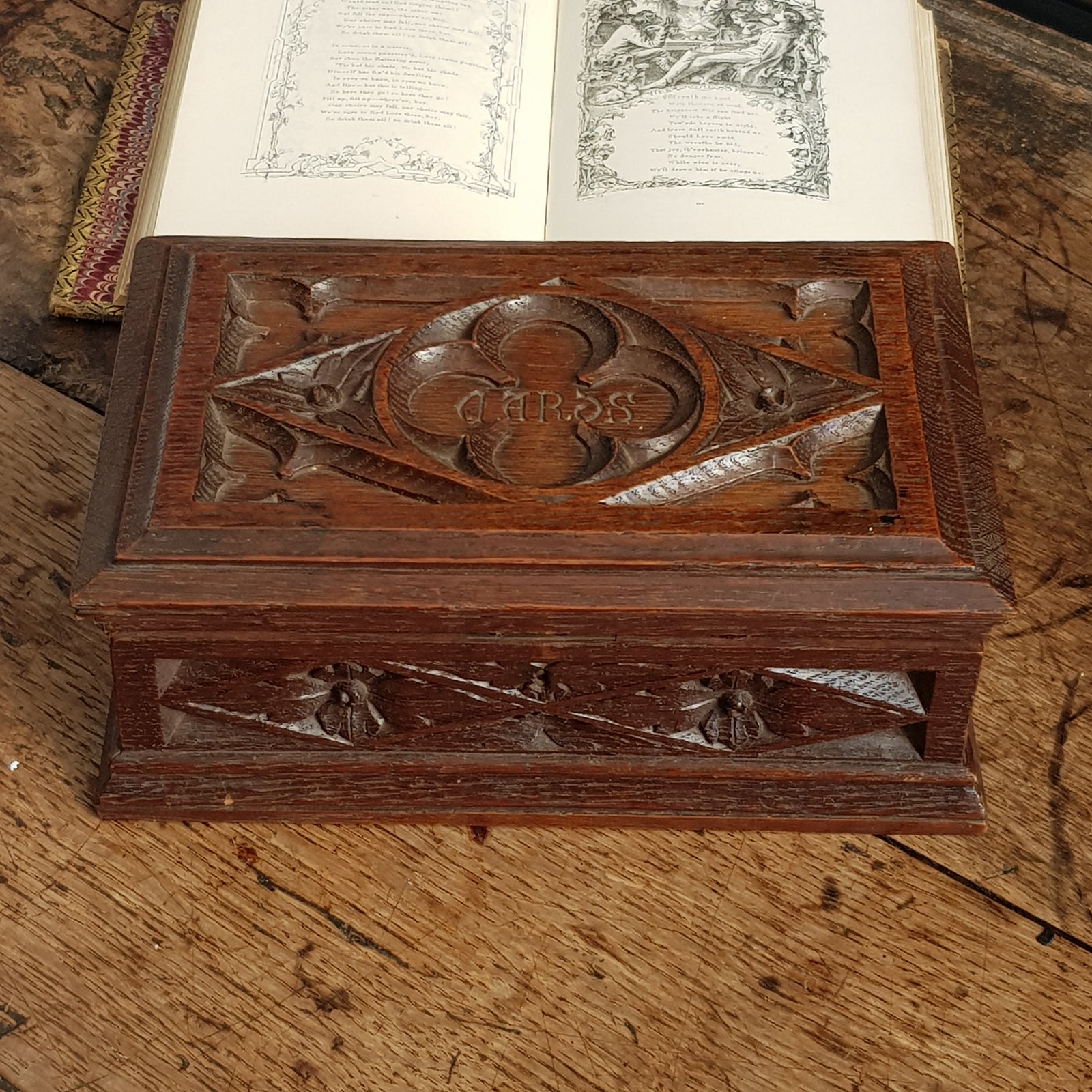 Superb Carved oak Tudor Gothic Style Cards Box Antique Circa 1920