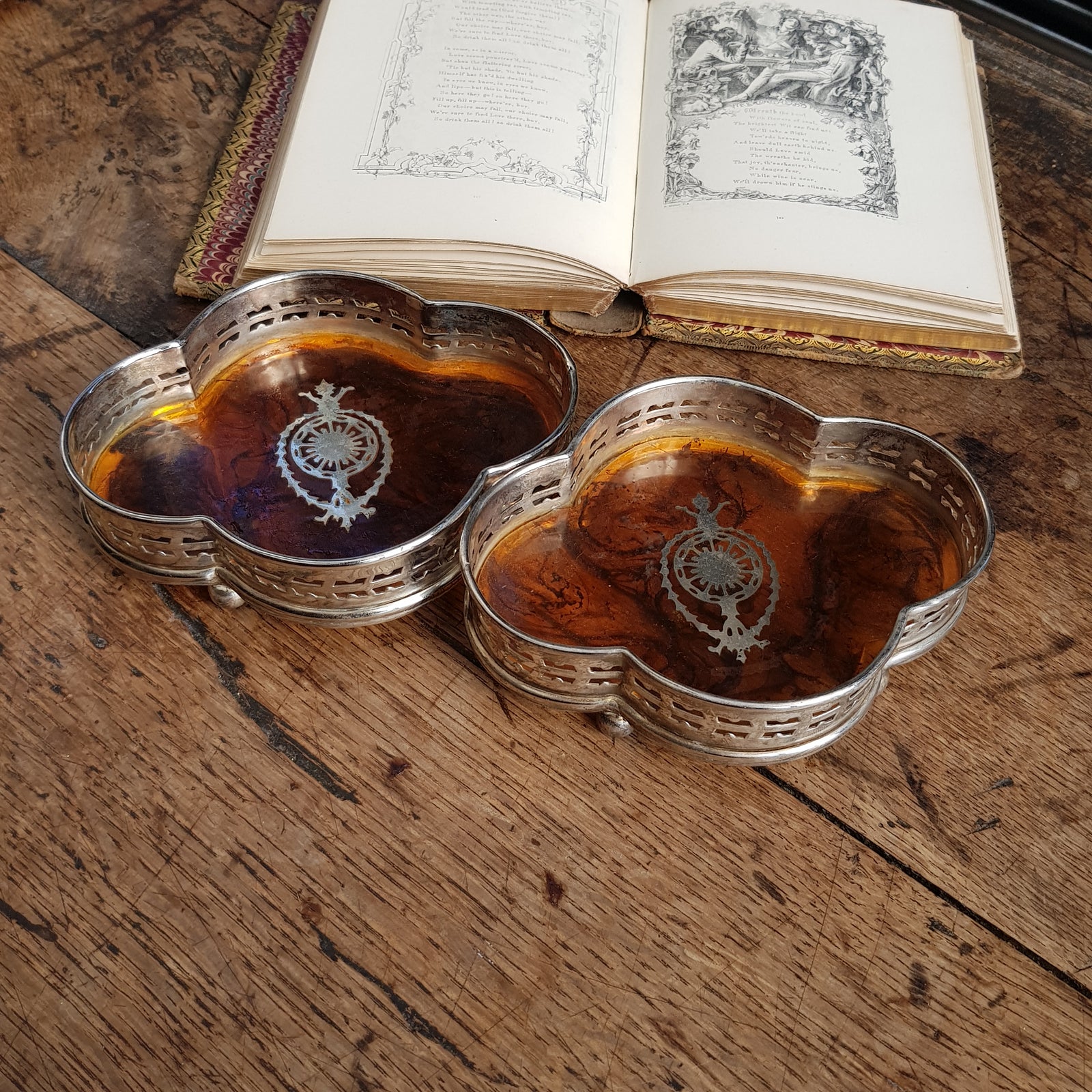 Pair Of Silver Plated Cognac Celluloid Fitted Bottle Coasters Antique Edwardian circa 1910