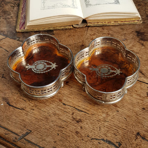 Pair Of Silver Plated Cognac Celluloid Fitted Bottle Coasters Antique Edwardian circa 1910