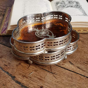 Pair Of Silver Plated Cognac Celluloid Fitted Bottle Coasters Antique Edwardian circa 1910