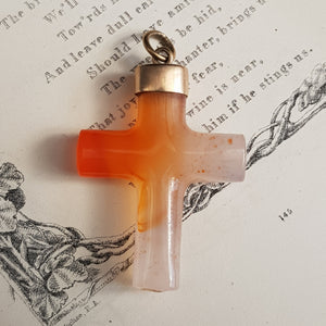 9k Rolled Gold Mounted Carved Agate Cross Pendant Antique Victorian circa 1900