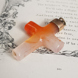 9k Rolled Gold Mounted Carved Agate Cross Pendant Antique Victorian circa 1900