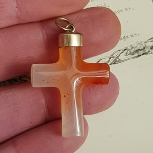 9k Rolled Gold Mounted Carved Agate Cross Pendant Antique Victorian circa 1900