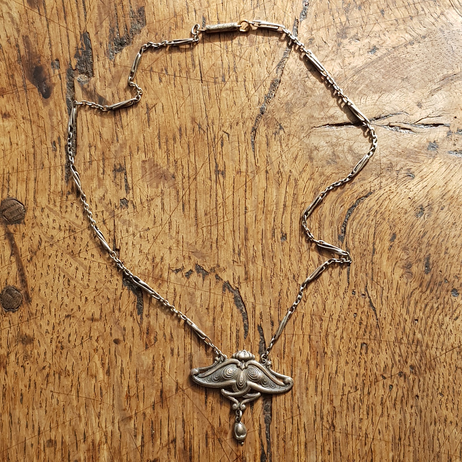 Sterling Silver Ornate Art Nouveau Orchid Pendant Necklace Antique circa 1900