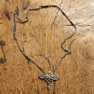 Sterling Silver Ornate Art Nouveau Orchid Pendant Necklace Antique circa 1900