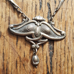 Sterling Silver Ornate Art Nouveau Orchid Pendant Necklace Antique circa 1900