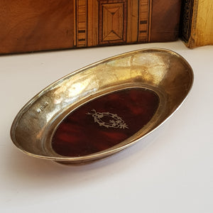 Sterling Silver Trinket Dish With Silver Inlaid Cognac Celluloid Base Antique Birmingham Circa 1926