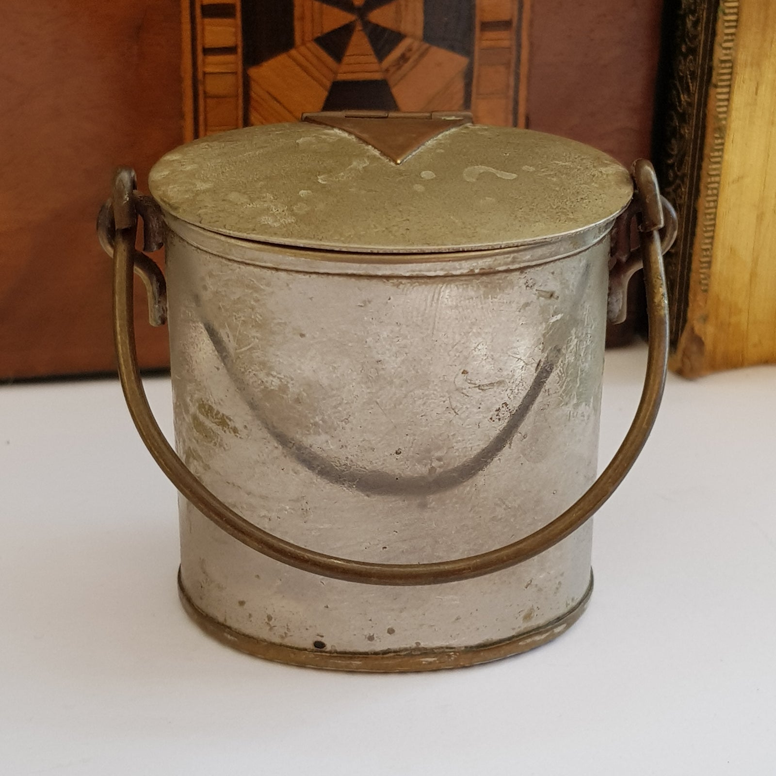 Rare Brass And Copper WWI Trench Art Match Vesta As A Lidded Bucket Antique Circa 1915