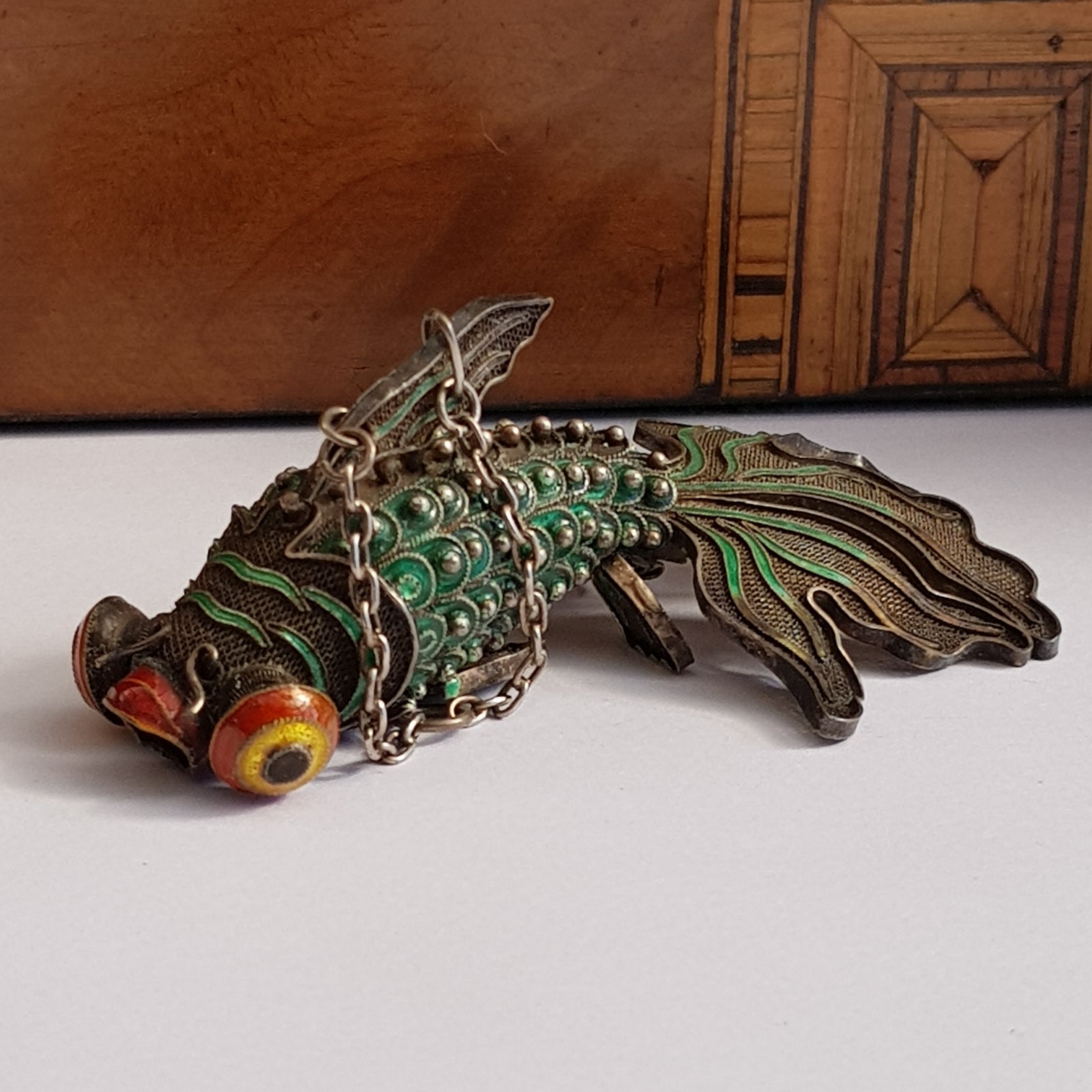 Chinese Silver Enamel Decorated Articulated Gold Fish Figure Fob Vintage Circa 1930s