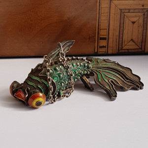 Chinese Silver Enamel Decorated Articulated Gold Fish Figure Fob Vintage Circa 1930s