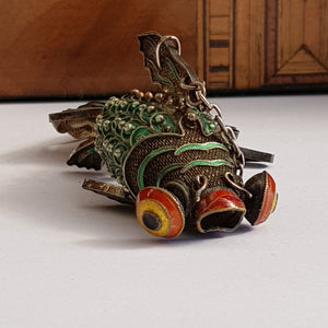 Chinese Silver Enamel Decorated Articulated Gold Fish Figure Fob Vintage Circa 1930s