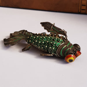 Chinese Silver Enamel Decorated Articulated Gold Fish Figure Fob Vintage Circa 1930s