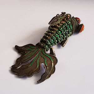 Chinese Silver Enamel Decorated Articulated Gold Fish Figure Fob Vintage Circa 1930s