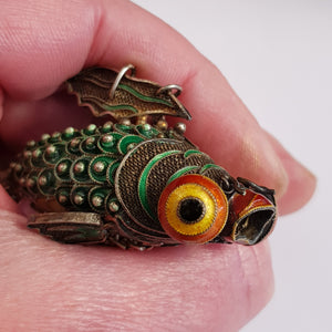 Chinese Silver Enamel Decorated Articulated Gold Fish Figure Fob Vintage Circa 1930s