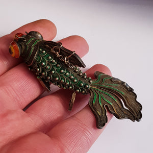 Chinese Silver Enamel Decorated Articulated Gold Fish Figure Fob Vintage Circa 1930s