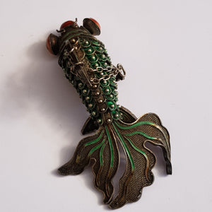 Chinese Silver Enamel Decorated Articulated Gold Fish Figure Fob Vintage Circa 1930s