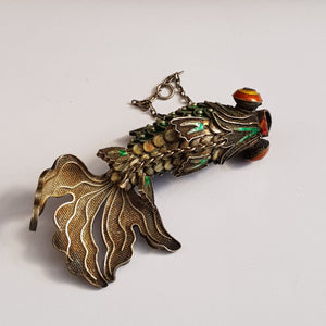Chinese Silver Enamel Decorated Articulated Gold Fish Figure Fob Vintage Circa 1930s
