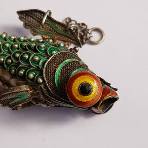 Chinese Silver Enamel Decorated Articulated Gold Fish Figure Fob Vintage Circa 1930s