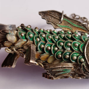Chinese Silver Enamel Decorated Articulated Gold Fish Figure Fob Vintage Circa 1930s