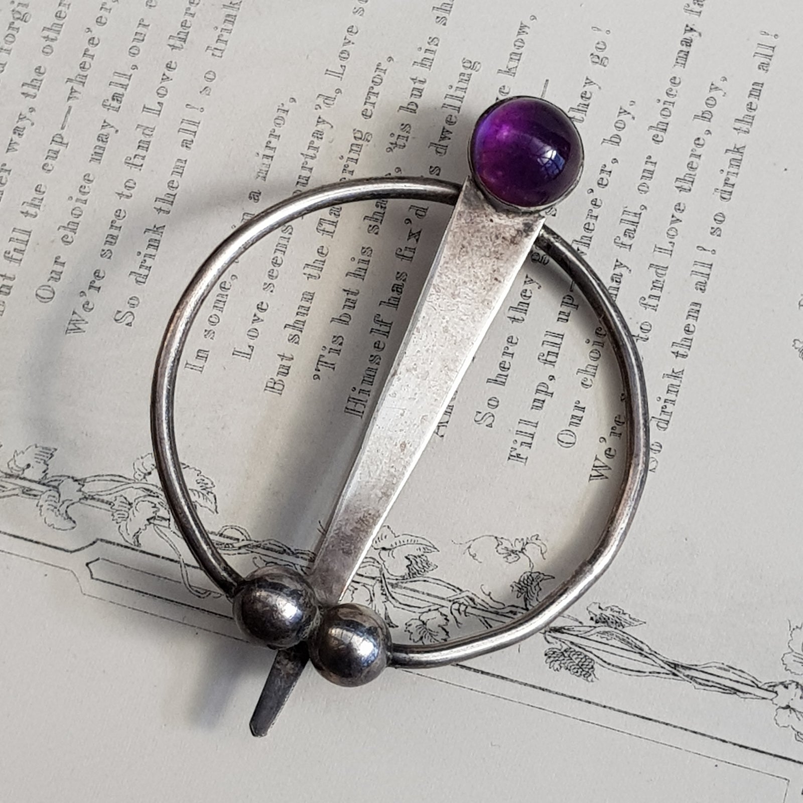 Sterling Silver Amethyst Cabochon Irish Tara Brooch Vintage Dublin circa 1971