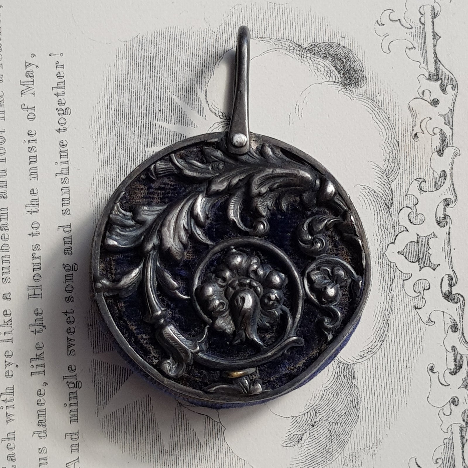 Sterling Silver Mounted Velvet Chatelaine Pin Cushion Wheel Antique Victorian Circa 1890