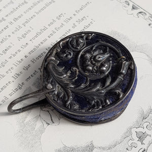 Sterling Silver Mounted Velvet Chatelaine Pin Cushion Wheel Antique Victorian Circa 1890