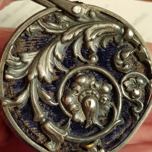 Sterling Silver Mounted Velvet Chatelaine Pin Cushion Wheel Antique Victorian Circa 1890