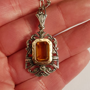 Sterling Silver Gold Topaz Marcasite Pendant On Silver Chain Vintage Italy Circa 1970's