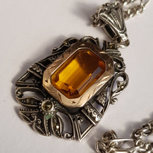 Sterling Silver Gold Topaz Marcasite Pendant On Silver Chain Vintage Italy Circa 1970's