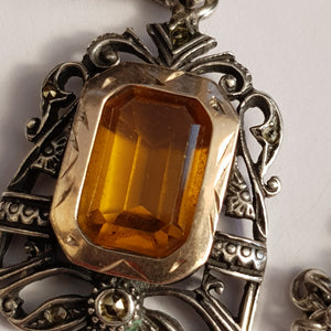 Sterling Silver Gold Topaz Marcasite Pendant On Silver Chain Vintage Italy Circa 1970's