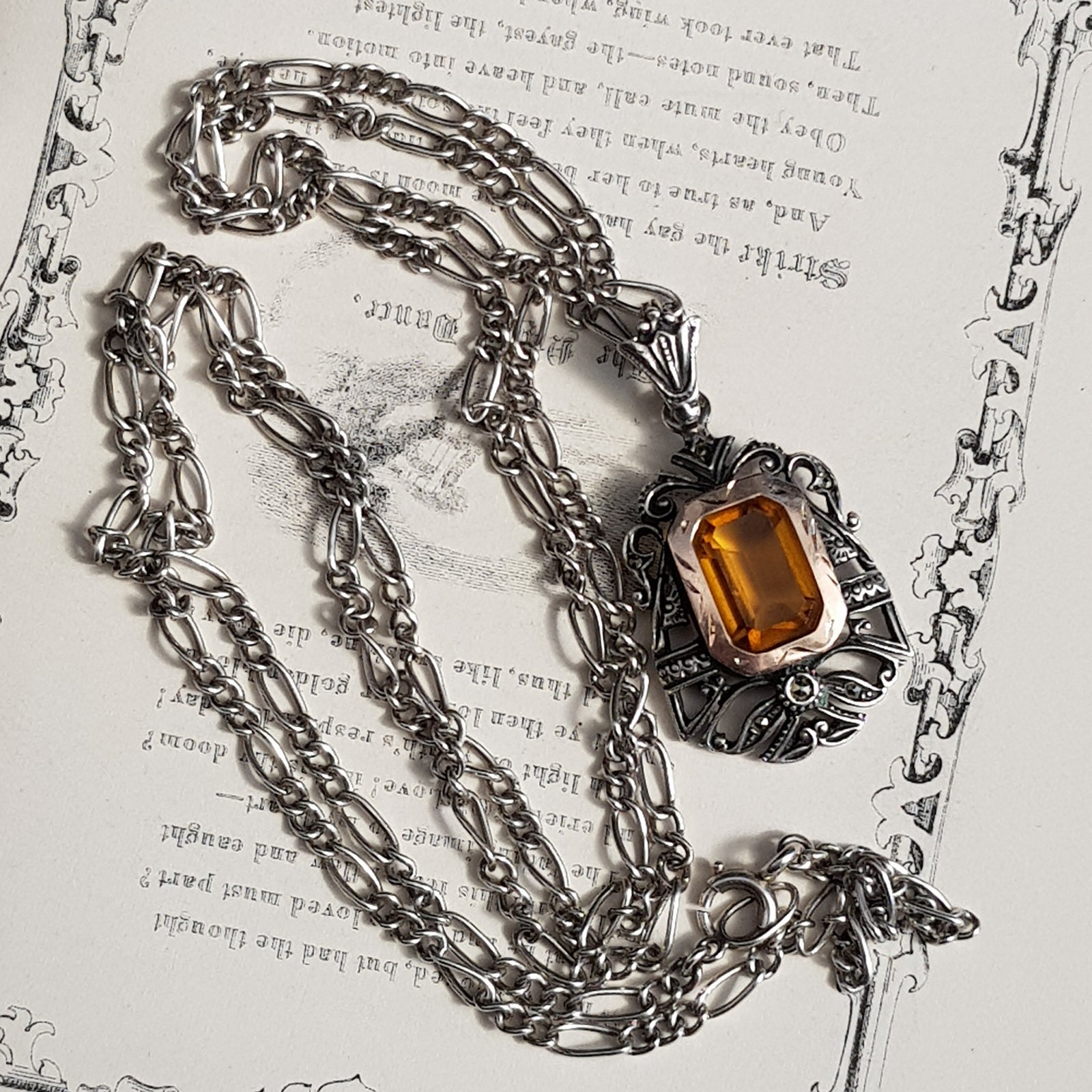 Sterling Silver Gold Topaz Marcasite Pendant On Silver Chain Vintage Italy Circa 1970's