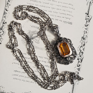 Sterling Silver Gold Topaz Marcasite Pendant On Silver Chain Vintage Italy Circa 1970's