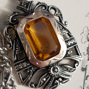 Sterling Silver Gold Topaz Marcasite Pendant On Silver Chain Vintage Italy Circa 1970's