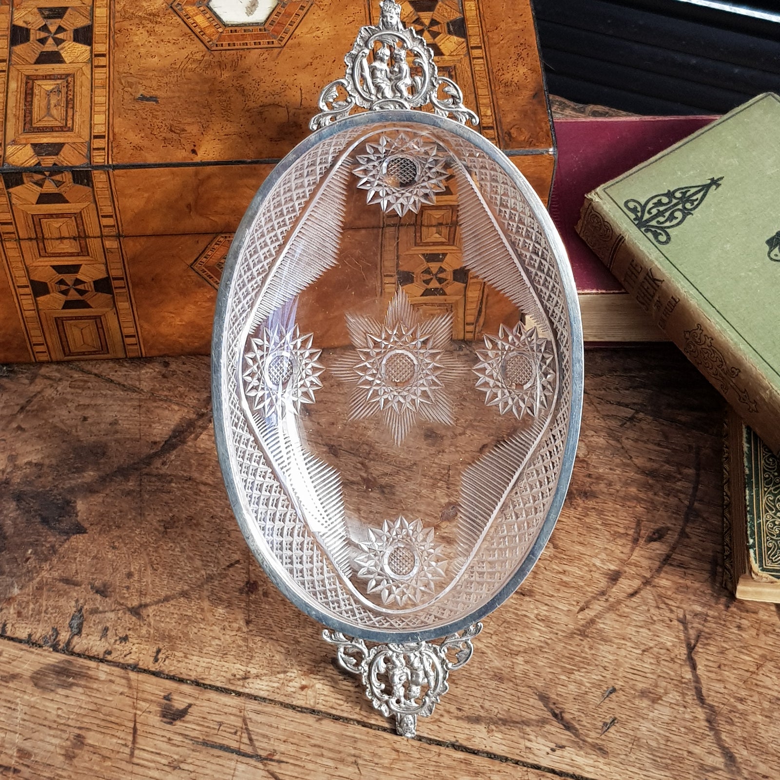 Sterling Silver Mounted Floral Cut Pressed Glass Serving Dish Antique Birmingham Circa 1876