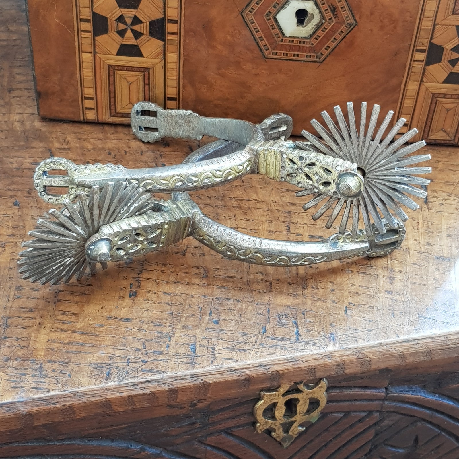 Superb Pair Of Spanish 19th Century Ornate Gilded Steel Spurs Antique Circa 1850's