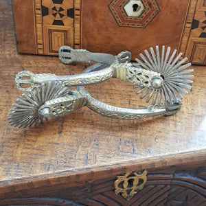Superb Pair Of Spanish 19th Century Ornate Gilded Steel Spurs Antique Circa 1850's