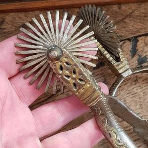 Superb Pair Of Spanish 19th Century Ornate Gilded Steel Spurs Antique Circa 1850's