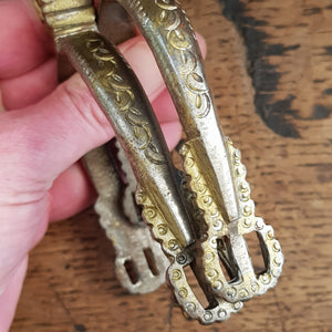 Superb Pair Of Spanish 19th Century Ornate Gilded Steel Spurs Antique Circa 1850's