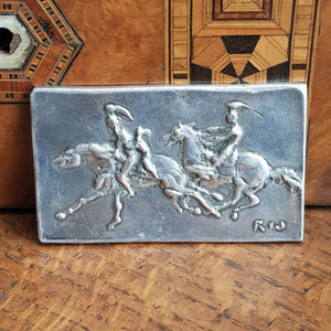 Solid Silver Pictorial Relief Tablet Plaque Stylised Horse Riders Signed Antique